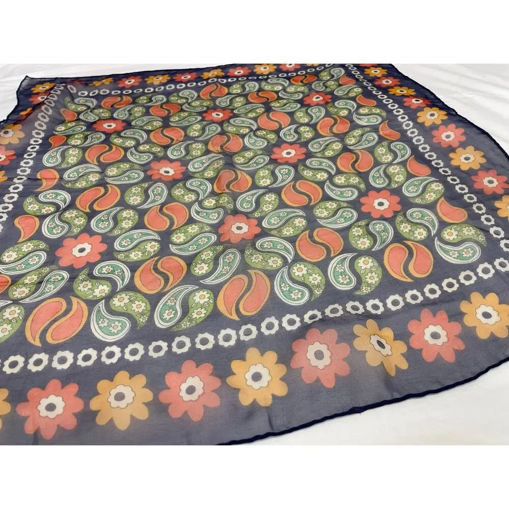Vintage 1960s Sheer Nylon Flora Paisley Scarf Navy Blue Orange Yellow Hippie Mod